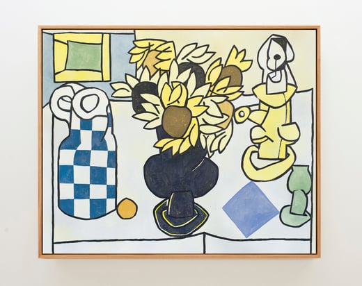 02_SunflowersCandleholderandGlassofWine_110cmx90cm_oiloncanvas_2022_pepepermans_frame